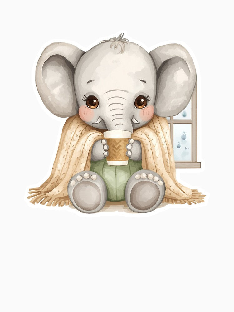 A Kawaii Elephant - Cozy Cold Day, Pastel Beige Watercolors by DigitfanStudio
