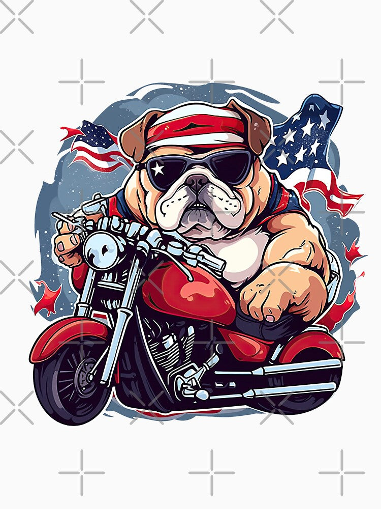 Patriotic bulldog with red motorcycle in front of USA flag by WallGemsArt