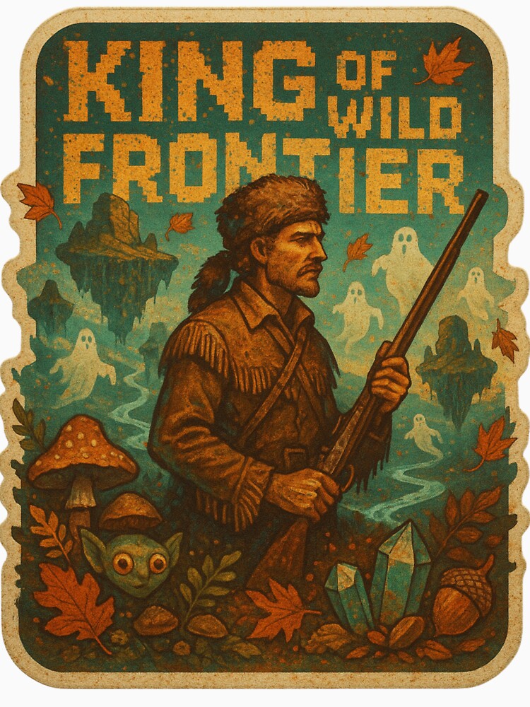 Davy Crockett King of the Wild Frontier Surreal Tee - Cyberpunk Wilderness Adventure Sticker with Goblincore Twist by GeniePixel