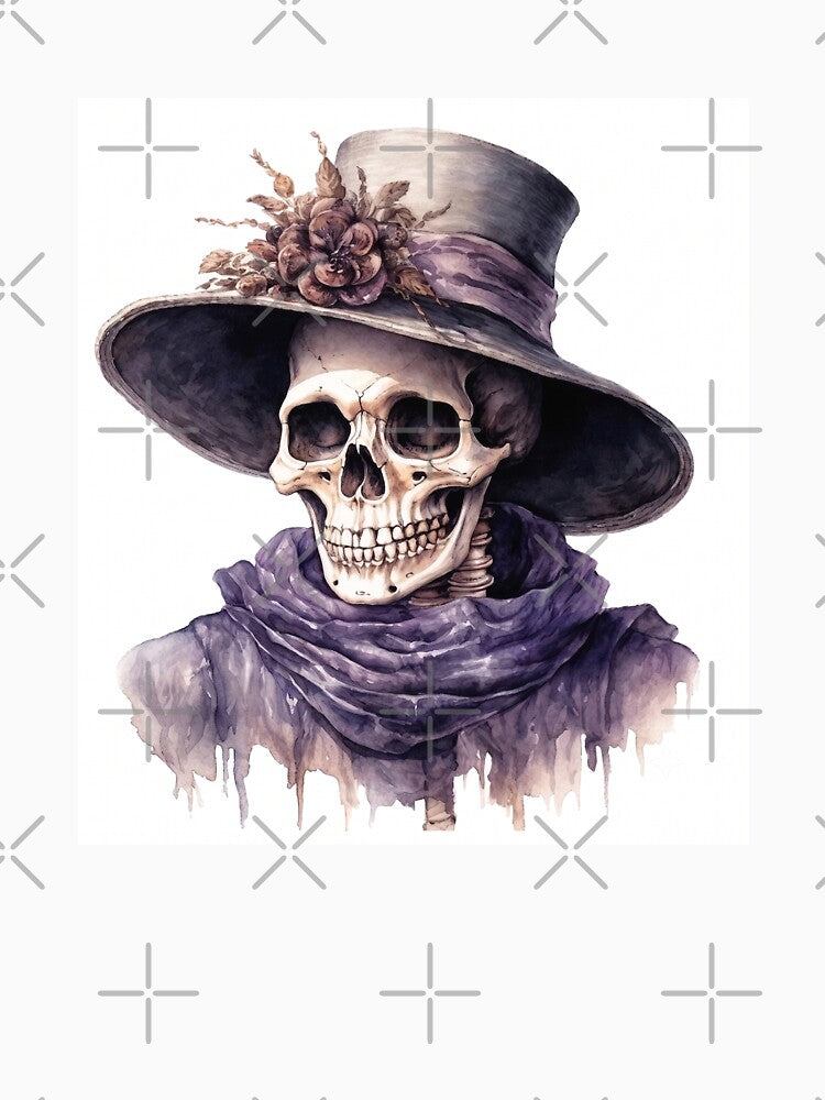 Gothic Watercolor Skull in Vintage Victorian Floral Hat Art by KLSRAJ