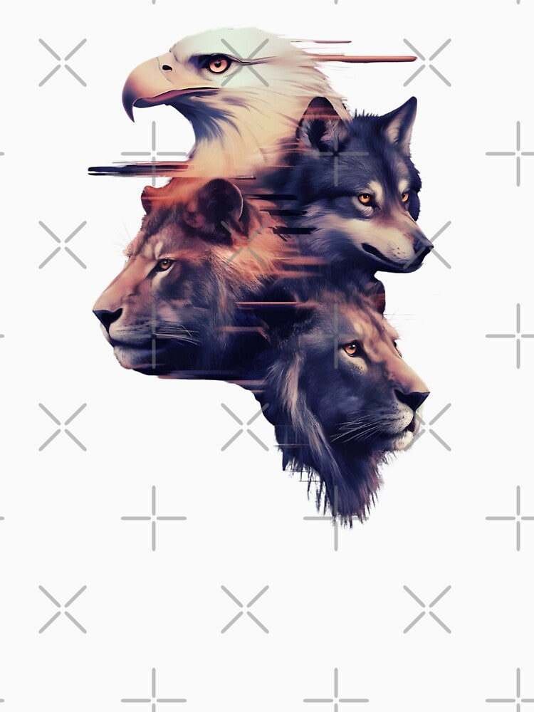 Stylized eagle, wolf, and lion in a mesmerizing colour palette by MRFEZOO2030