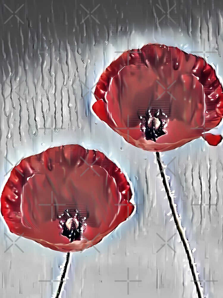 2 Red Poppies in the Rain | Moody Minimalist Flower Art by POETTICA