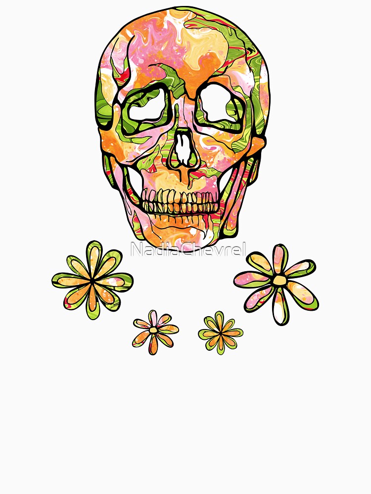 Spring skull embroidery styled, sugar skull with flowers from 1970 on white background by NadiaChevrel