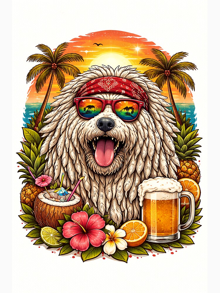 Funny Tropical Komondor Dog Summer Beach Vacation & Beer by QuietWallStudio