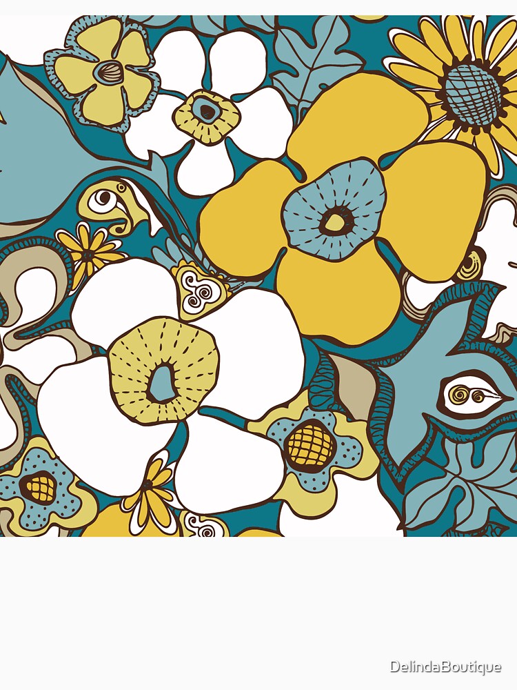 Floral Doodles in Teal Blue Brown White Mustard Yellow by Delinda Graphic Studio