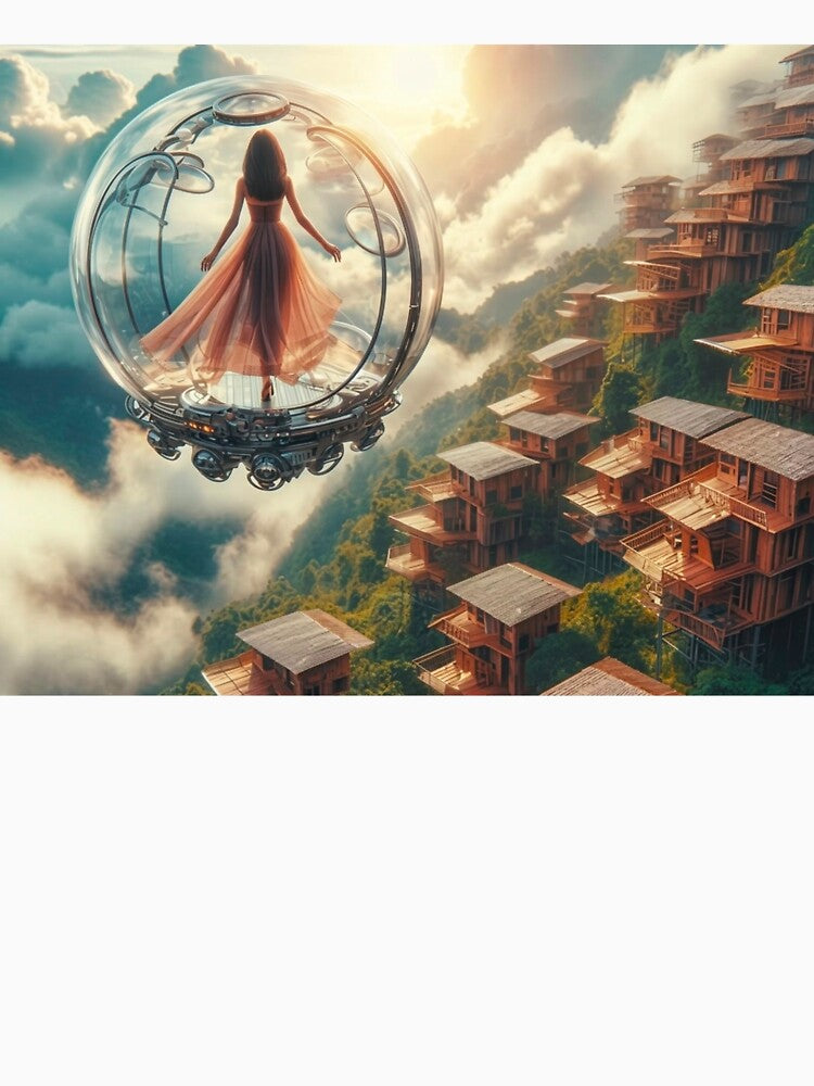 AI Woman in Glass Flying Pod, AI Generated Solarpunk Floating Village, Futuristic Sci Fi Wall Decor by IRON SIREN