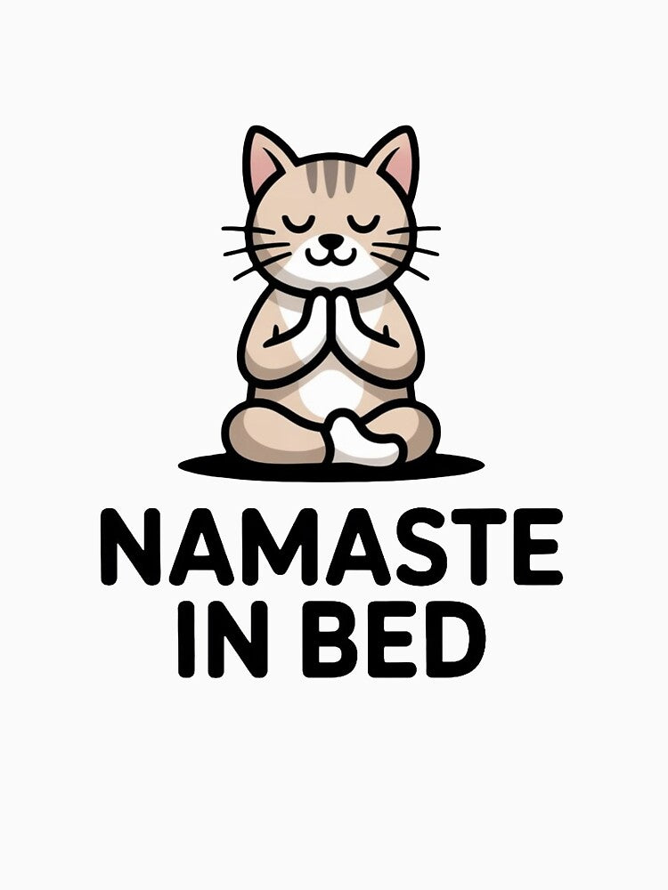 Funny Cat Yoga Illustration – "Namaste in bed" T-Shirt & Sticker Design by Mokashop95