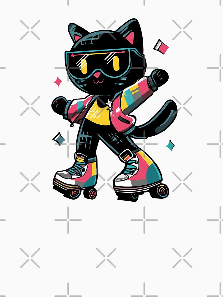 Retro Roller Disco Black Cat – 70s 80s Neon Skate T-Shirt & Sticker by Clawffirmations