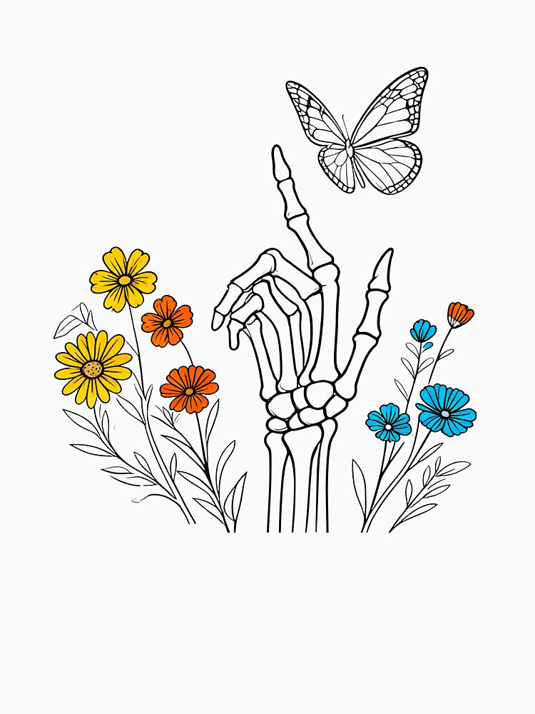 Skeleton Hand Butterfly Floral Line Art – Dark Botanical Design by truongloc246