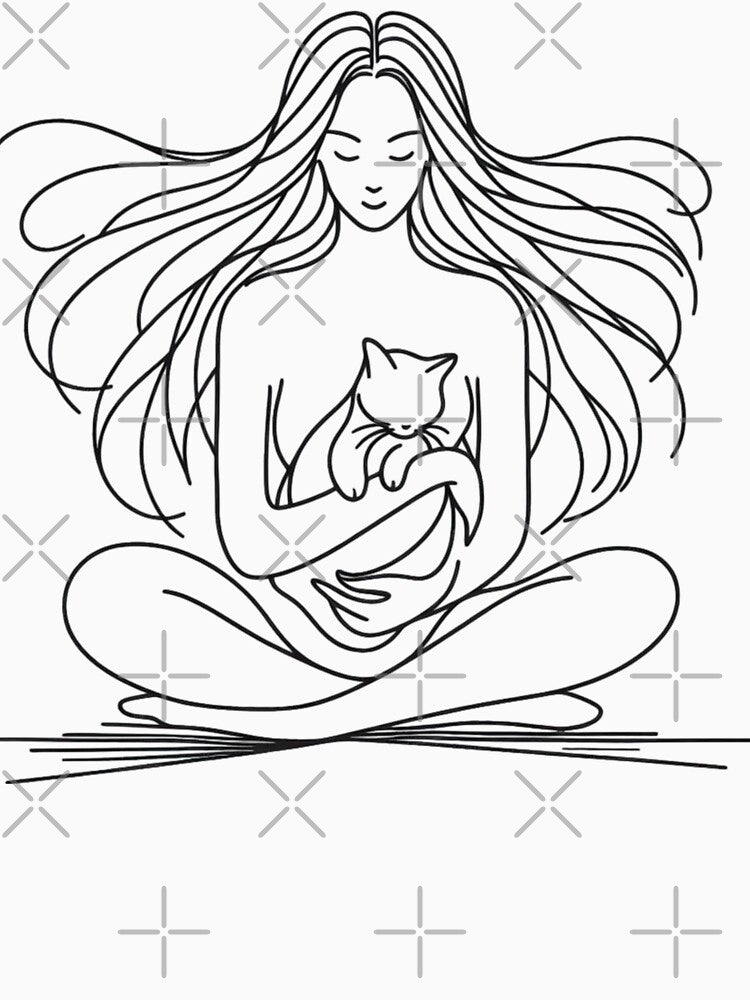 One line woman with cat, Abstract minimal female single line art by MusesWhispers