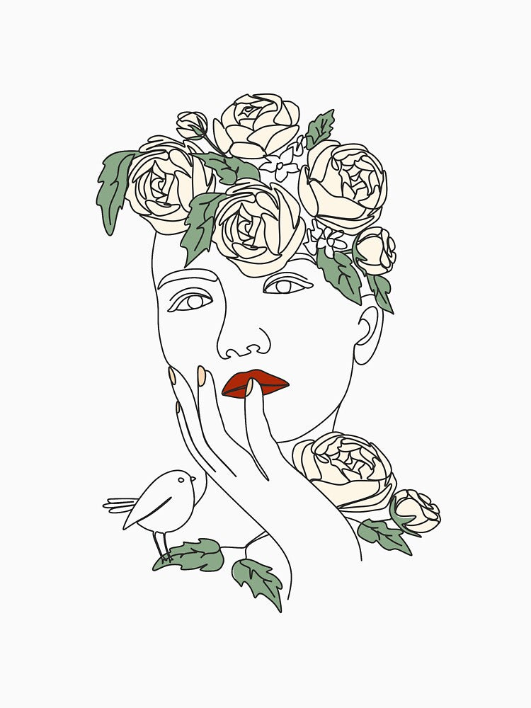 Abstract vector face with flowers line drawing. Portrait minimalistic style. Botanical print. Nature symbol of cosmetics. Modern continuous line art. Fashion print. by Nina Velychko