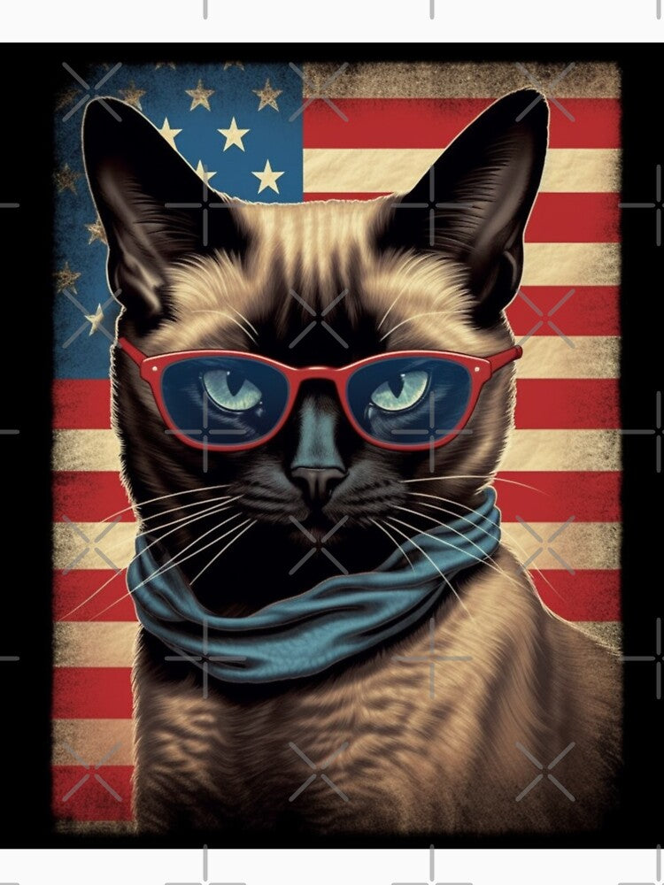 Patriotic Siamese Cat In Front Of American Flag by ZenEverAI