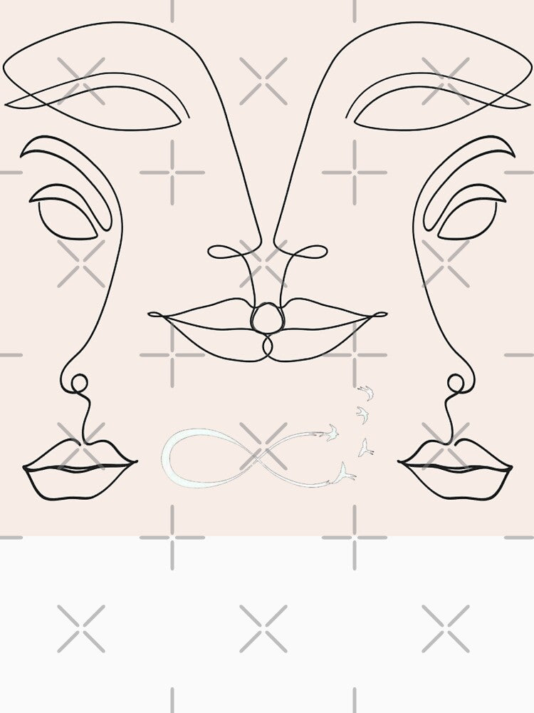 Beige Abstract Single Lined Faces Drawing Infinity Sign With Flying Birds , Minimalist Abstract One Line Art by adoredigitals