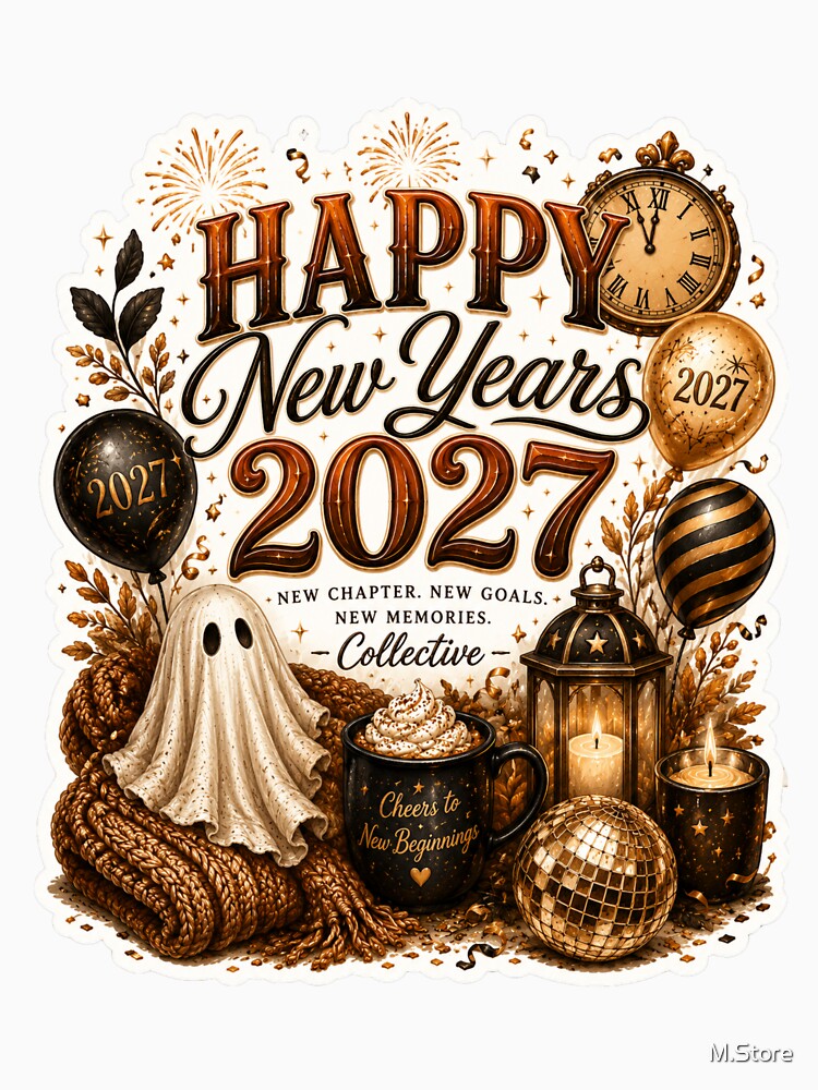 Happy New Year 2027 Vintage Typography Sticker | Cozy Celebration Design by M.Store