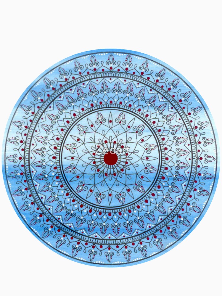 Hand Drawn Intricate Pretty Blue And Red Mandala by Zedart