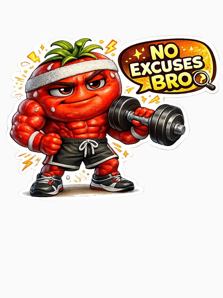 No Excuses Bro Gym Tomato Bodybuilder Fitness Mascot by Bhinfy