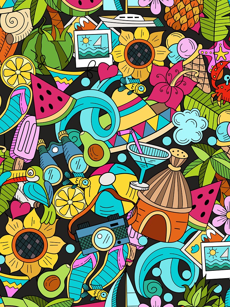 Hand drawn cartoon seamless pattern Doodle summer vacation poster design template. by ketkidesign