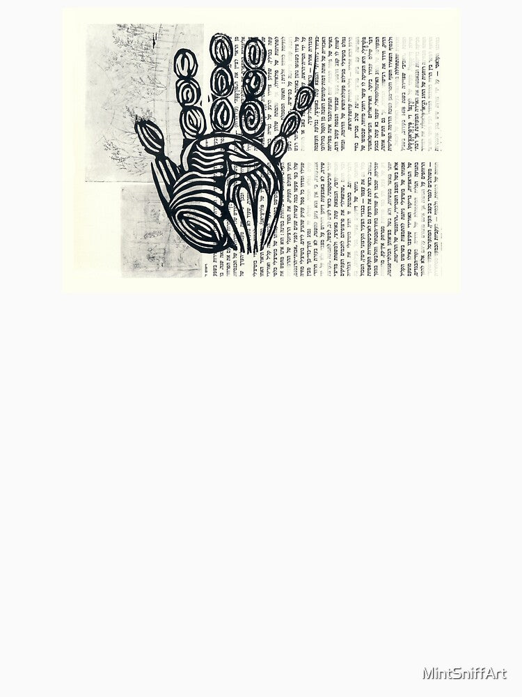 Hand palm linoprint on book page in Hebrew by MintSniffArt