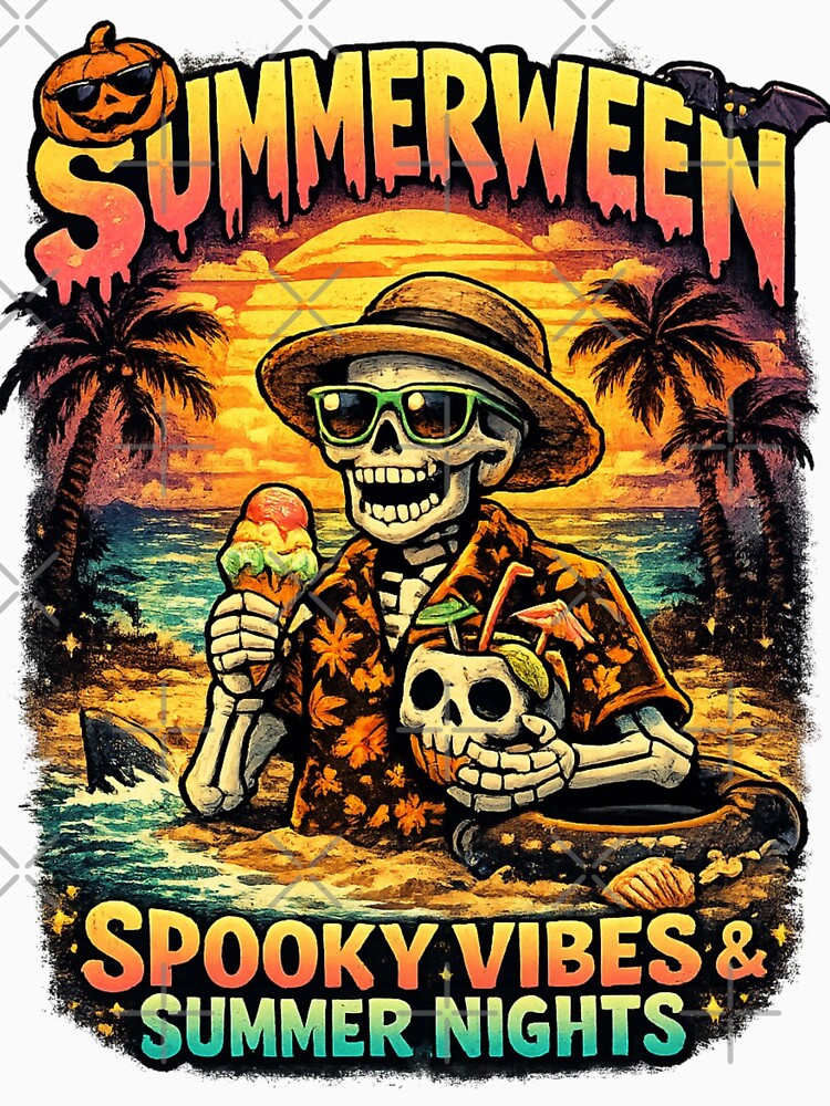 Summerween Spooky Vibes Skeleton Beach Sunset Shirt by vampbabe54