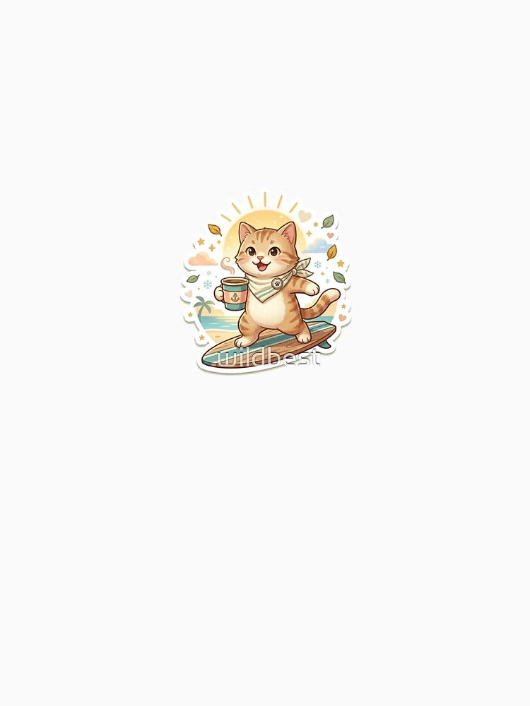 Surfing Dog Holding Coffee on Tropical Beach Sunset Sticker by wildbest