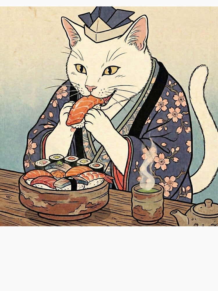 Cat Eating Sushi — Neko no Sushi Gui no Zu | Japanese Ukiyo-e Cat Art by Ukiyo Neko Hyakkei - Cats of the Floating World-