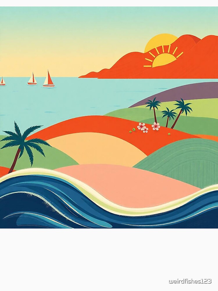 Tropical Sunset Coastline Retro Beach Landscape Art by weirdfishes123