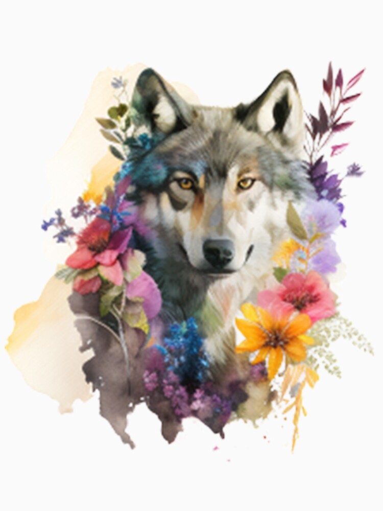 Majestic Wolf: A Watercolor Portrait Surrounded by Blooming Beauty by NathalieRached