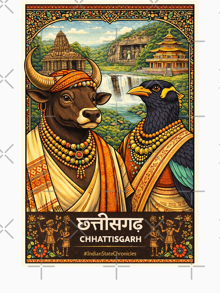 Chhattisgarh T-Shirt | Heritage Wild Buffalo & Hill Myna Art | IndianStateChronicles by freezed-frames