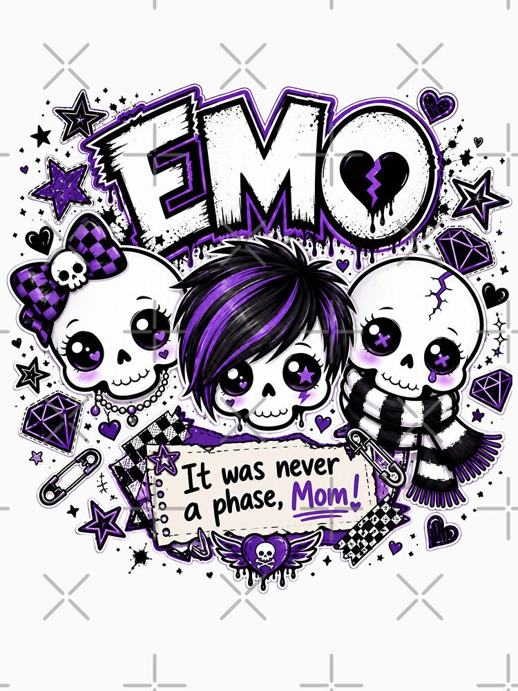 EMO – It Was Never a Phase, Mom! | Cute Purple Emo Skulls by Claudia Ilie Art