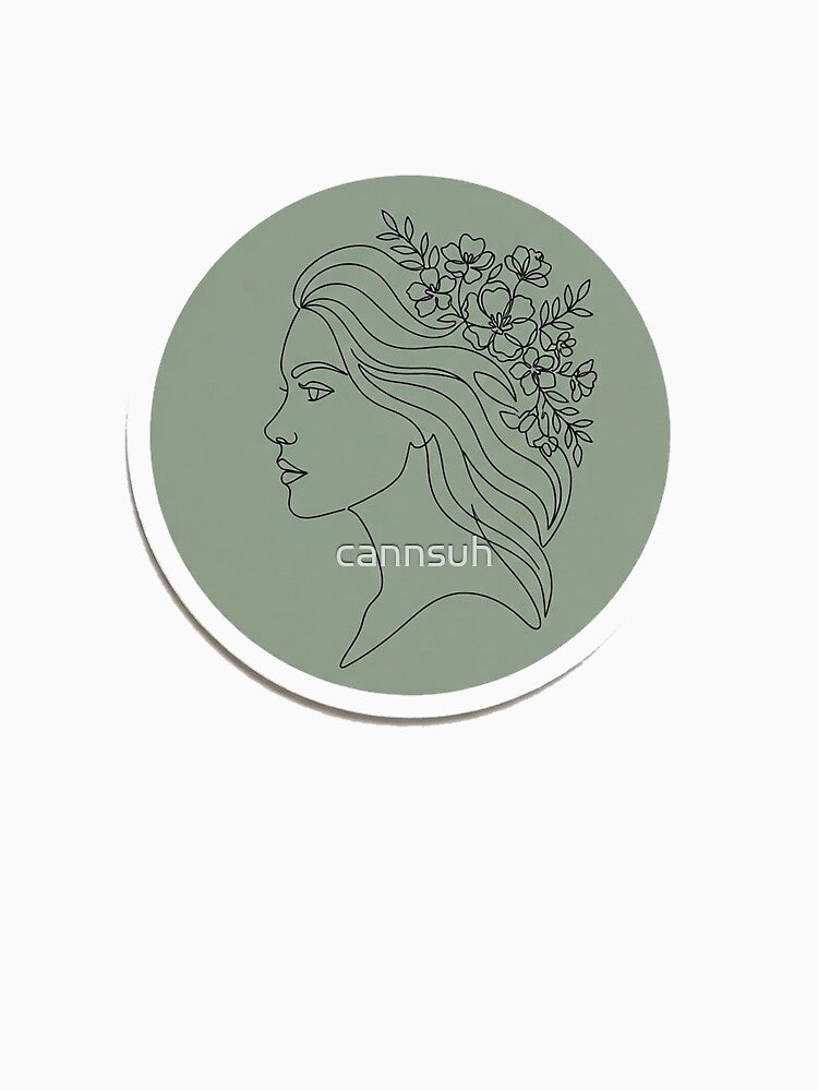 Woman Face Line Art Sticker | Sage Green Floral Line Drawing Minimalist Feminine Botanical Wall Art by cannsuh