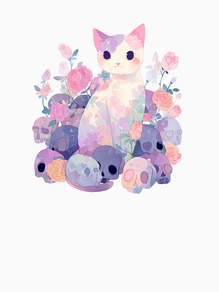 Pastel Goth Cat Surrounded by Roses and Skulls - Watercolor Style by Kawaii Drops
