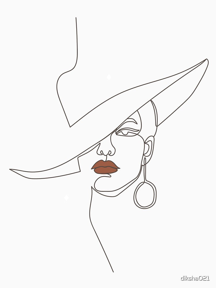Classy woman face wearing hat line art drawing by diksha021