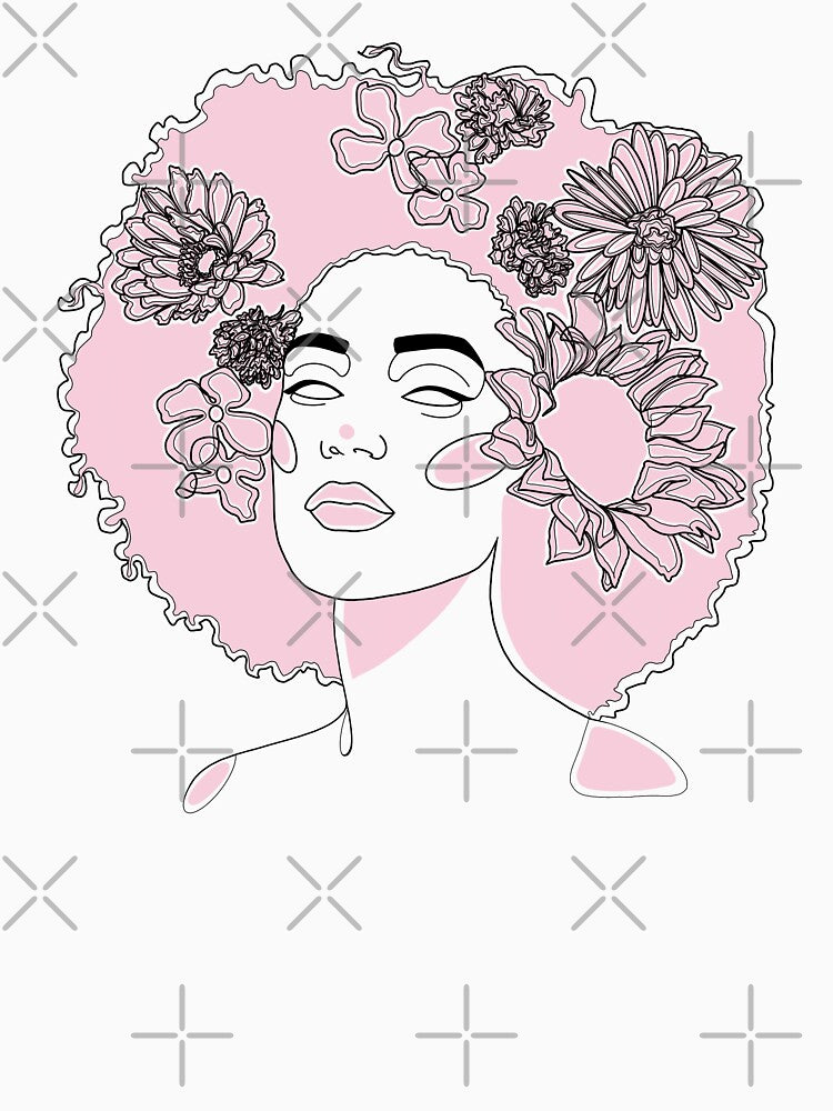 Black Woman Face with Pink Flowers by Valeria-Art