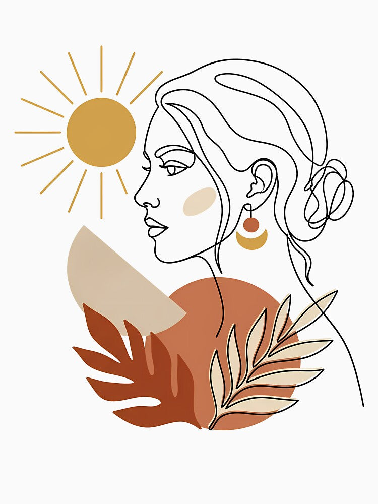 Minimalist Boho Female Line Art with Abstract Terracotta Shapes and Golden Sun by BCW