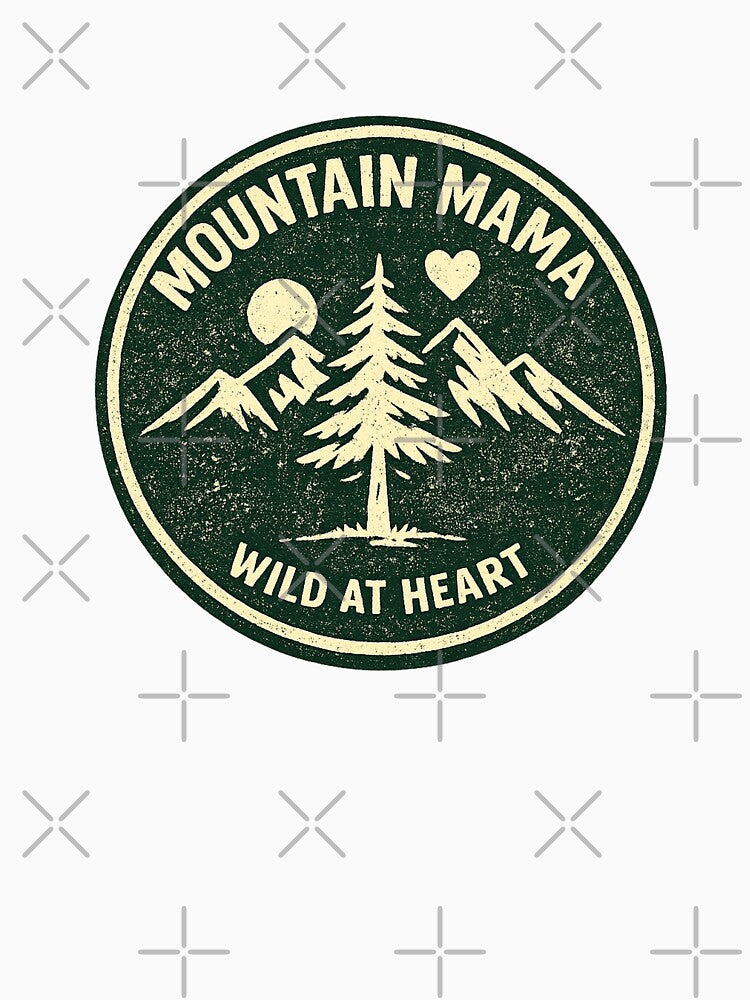 Mountain Mama — Wild At Heart (evergreen pine circle, cream mountain trio + tall pine tree + sun + heart) — outdoor mom niche by VaultInk