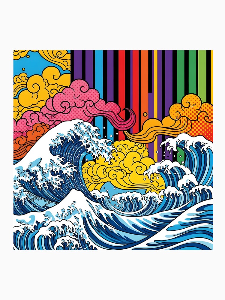 Pop Art Great Wave Ukiyo-e Style | Vibrant Rainbow Striped Ocean Art | Neo-Japanese Comic Book Design by Badis  Mardessi