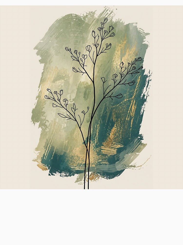 Delicate Wildflower Branch Line Art | Sage Green & Gold Abstract Wall Art | Minimalist Botanical Print by GaneshHilam