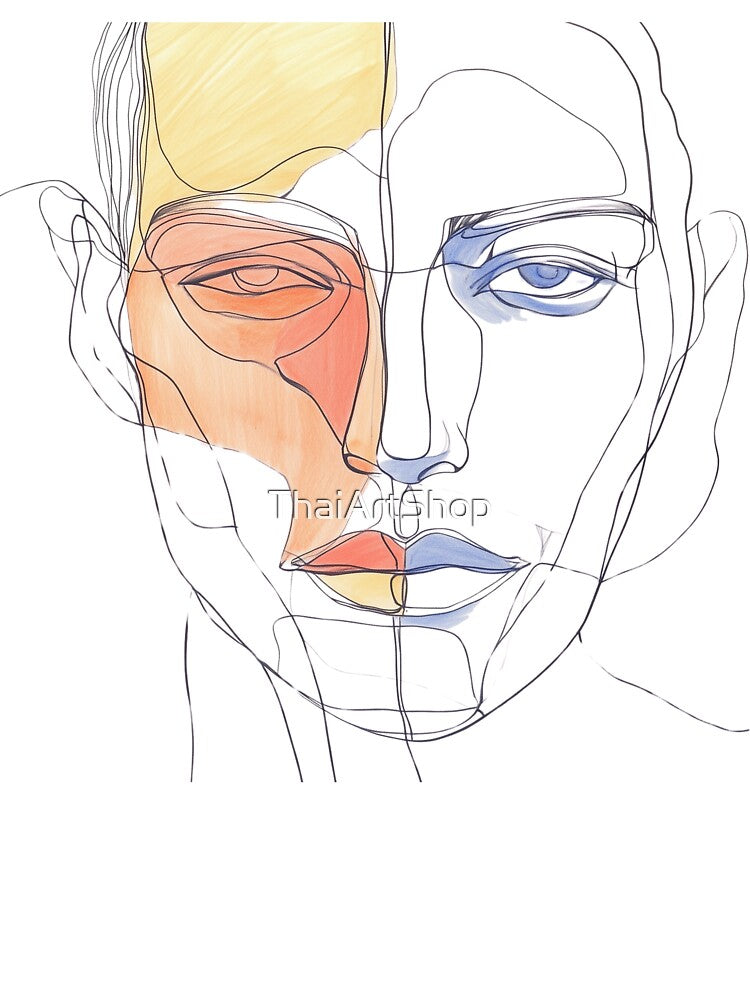 Single continuous line drawing of a face, abstract and minimalist style in pastel tones. by ThaiArtShop