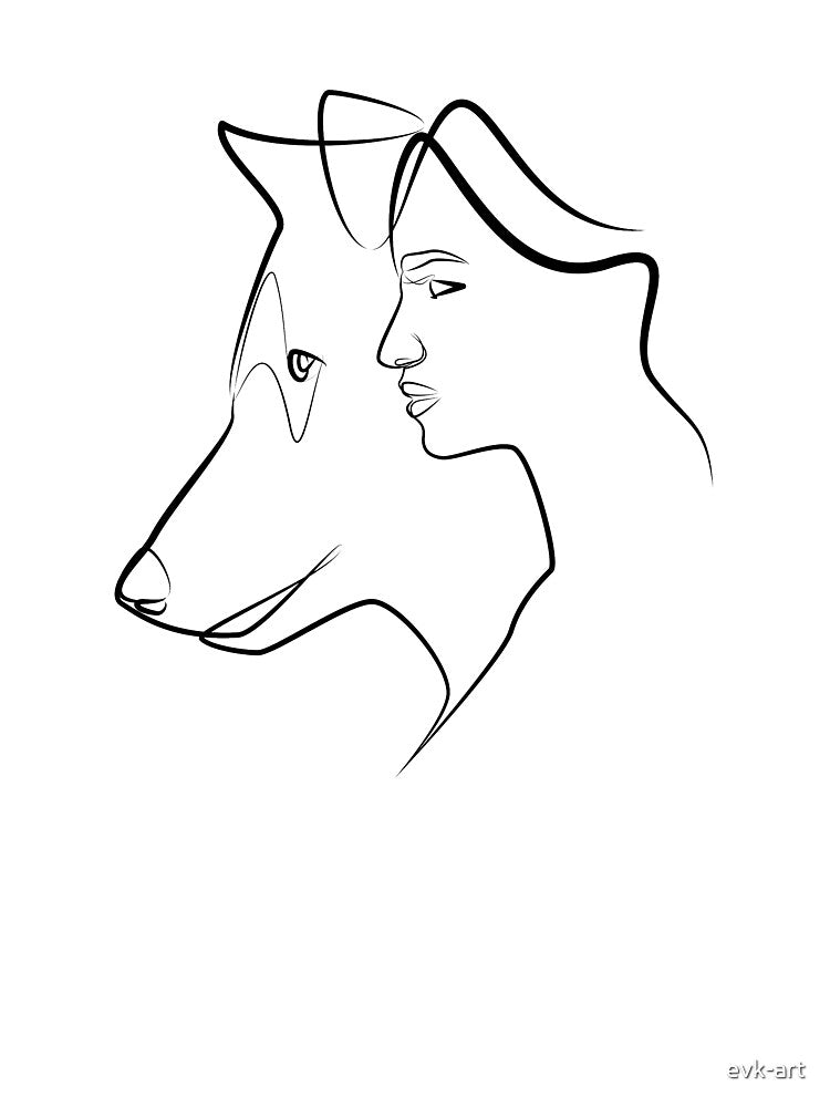 Girl and wolf in one line art by evk-art