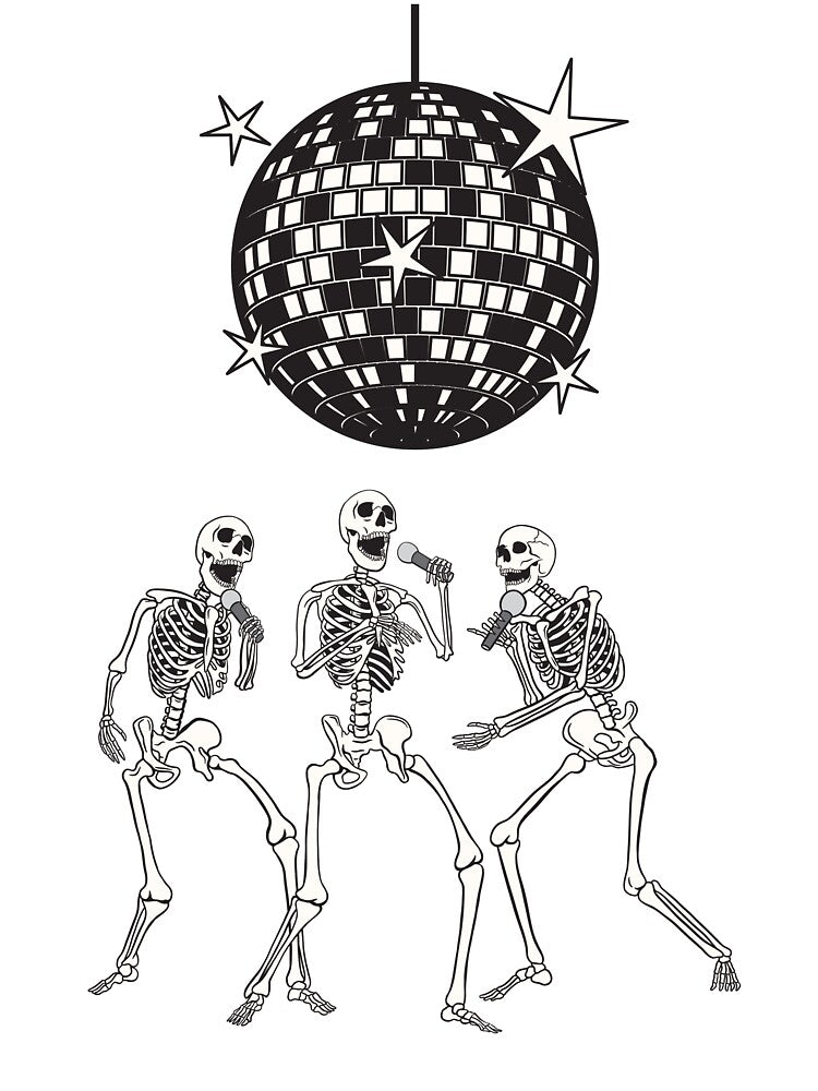 Disco Skeleton Dance Party – Funny Retro Dancing Skeletons Tee for Halloween & Party Vibes by Zezeshop1