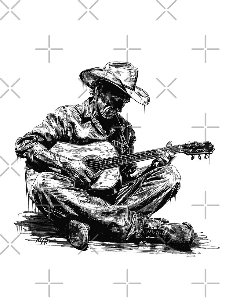 Cowboy Playing Guitar Illustration | Black and White Country Music Art by inkoutninja
