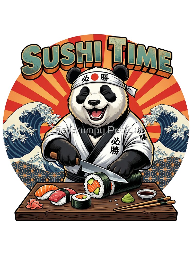Retro Sushi Master Panda - Funny Japanese Chef "Sushi Time" Art by The Grumpy Pet Club