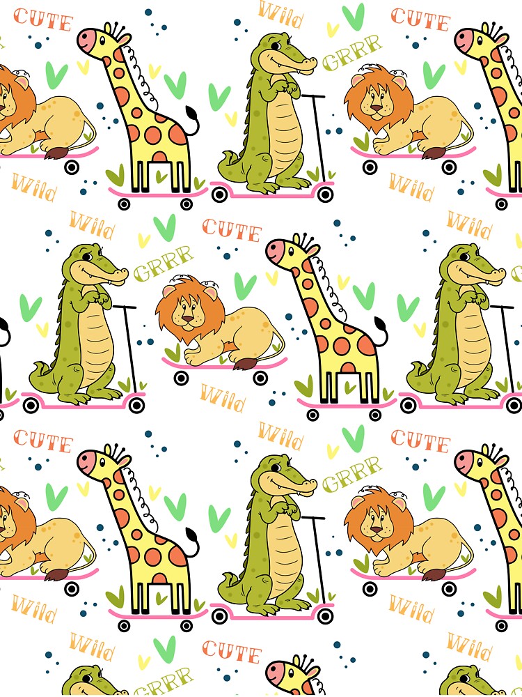 seamless pattern with animals, colorful doodle wild animals and words pattern by SabinArt