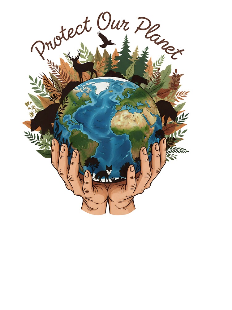 Protect Our Planet - Hands Holding Earth & Wildlife Nature Art by Latikshop