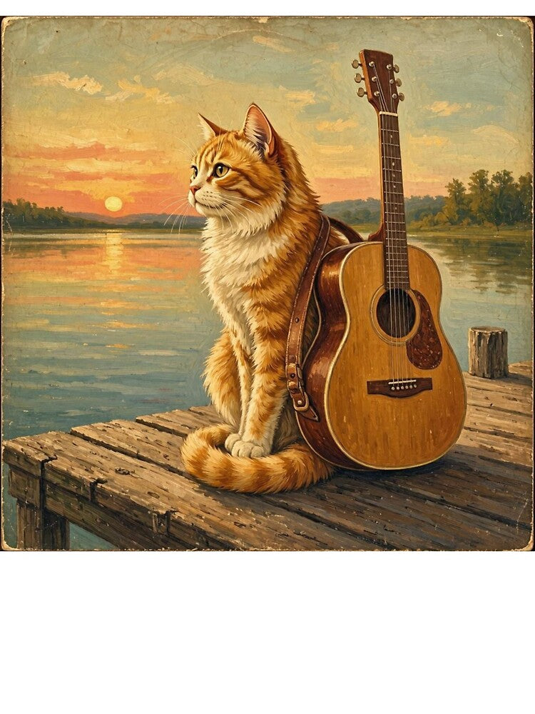 Vintage Guitarist Cat Sunset Lake Oil Painting by ElvisVintagePosters