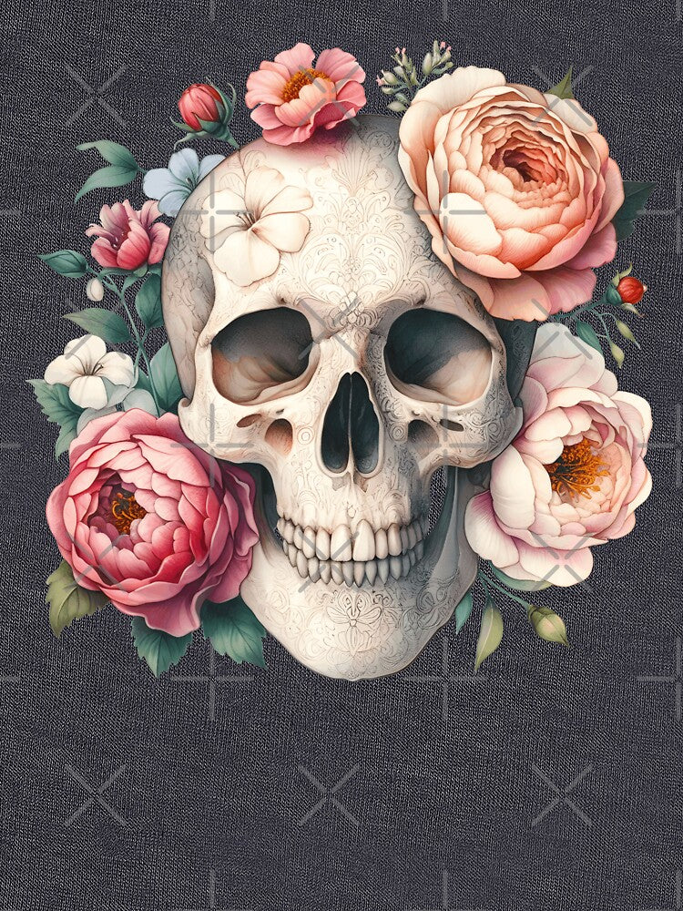 Ornate Floral Skull with Pink Roses - Romantic Gothic Illustration by Lorraine Cozy Corner