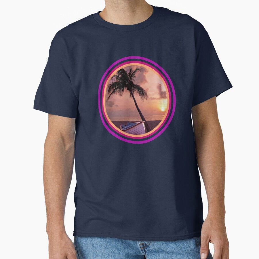 Boat, Palm and Sunset by artistoutfitter