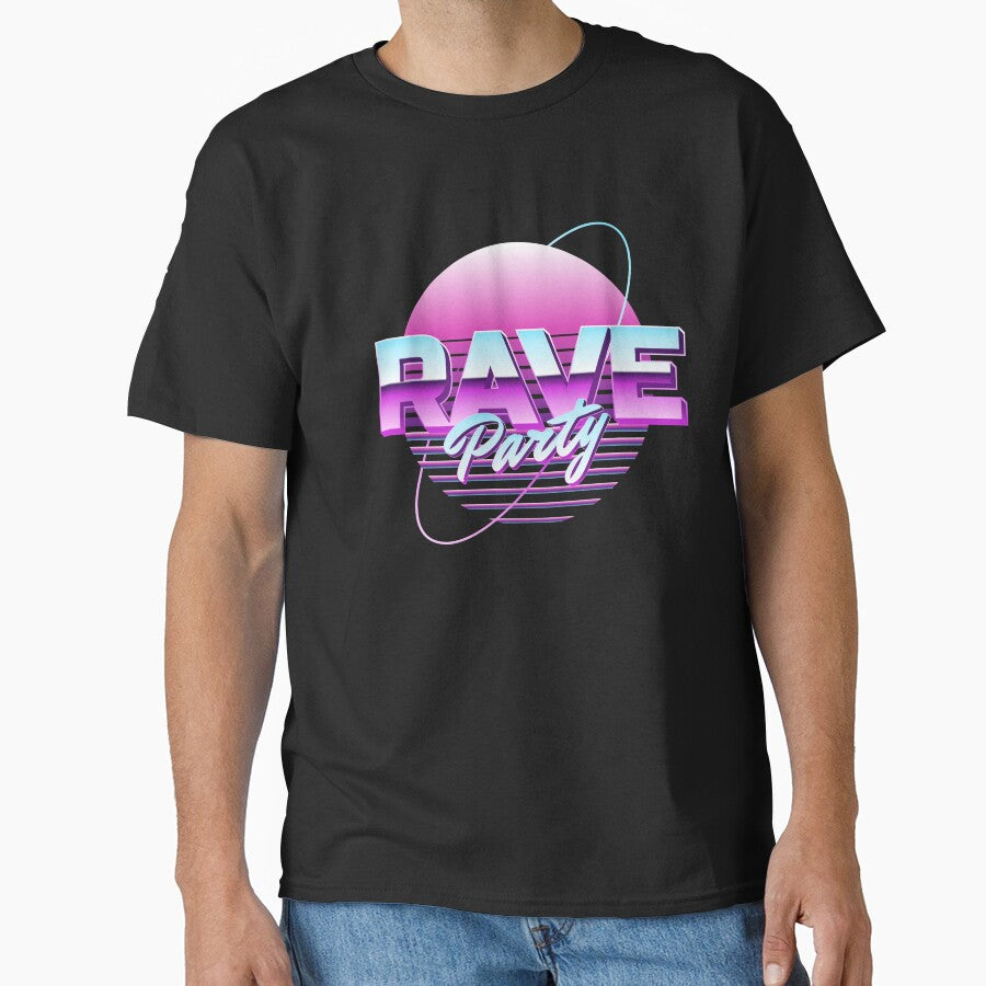 Rave Party 80s Synthwave Neon Planet Chrome Retro Stripe Typography Art by DERA RAY