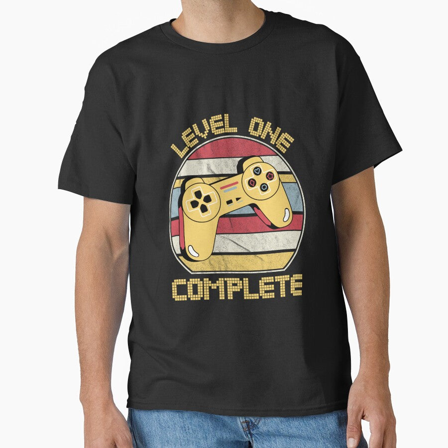 Level one complete, video gamers ,1st anniversary, 1st birthday, funny gaming pun,celebration, vintage,70's palette, retro controller, by allycat57