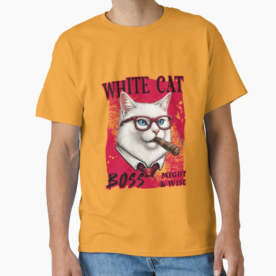 White Cat Boss Design – Funny White Cat with Cigar Mafia Style by PixelsPaws